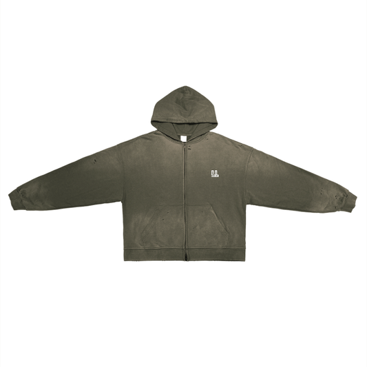 FearlessLi Post-Apocalyptic Aesthetic Pure Cotton Hand-Frayed Monkey Washed Zip Hoodie